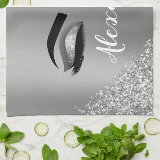 Silver Glitter Sparkle Eyelashes Monogram Geschirrtuch (Gefaltet)