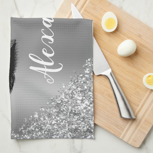 Silver Glitter Sparkle Eyelashes Monogram Geschirrtuch (Viertel Falte)