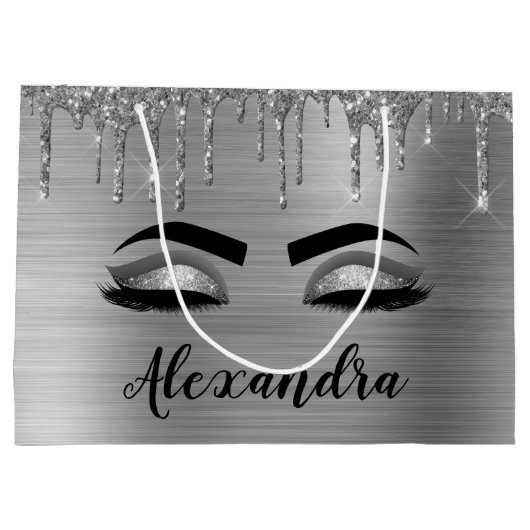 Silver Glitter Sparkle Eyelashes Monogram Große Geschenktüte (Rückseite)