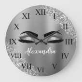 Silver Glitter Sparkle Eyelashes Monogram Große Wanduhr (Vorderseite)