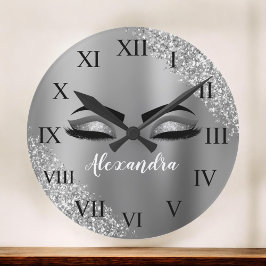 Silver Glitter Sparkle Eyelashes Monogram Große Wanduhr
