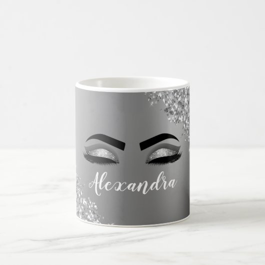 Silver Glitter Sparkle Eyelashes Monogram Kaffeetasse (Mittel)