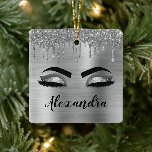 Silver Glitter Sparkle Eyelashes Monogram Keramikornament (Baum)