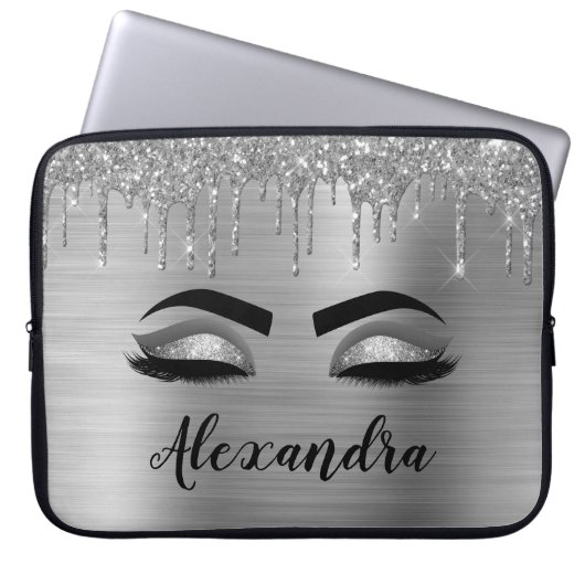 Silver Glitter Sparkle Eyelashes Monogram Laptopschutzhülle (Vorderseite)
