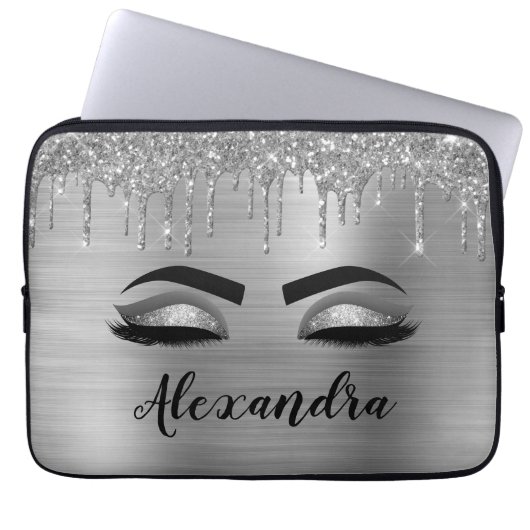 Silver Glitter Sparkle Eyelashes Monogram Laptopschutzhülle (Vorderseite)