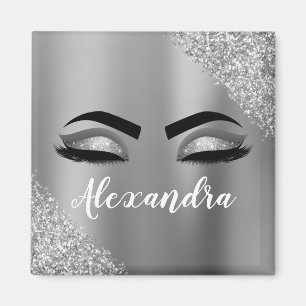 Silver Glitter Sparkle Eyelashes Monogram Magnet