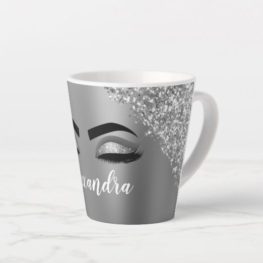 Silver Glitter Sparkle Eyelashes Monogram Milchtasse (Rechte Ecke)