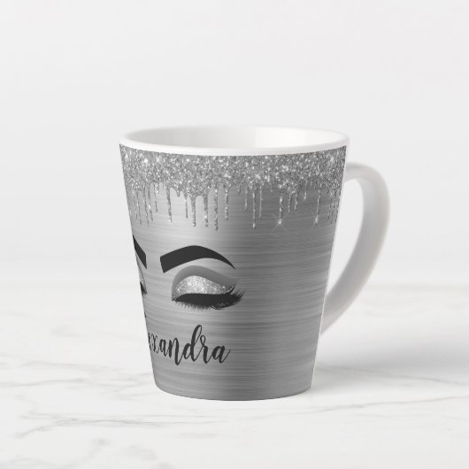 Silver Glitter Sparkle Eyelashes Monogram Milchtasse (Rechte Ecke)