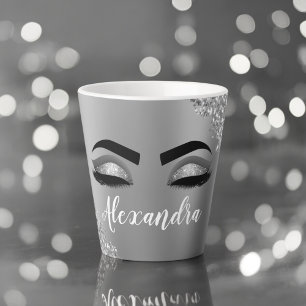 Silver Glitter Sparkle Eyelashes Monogram Milchtasse