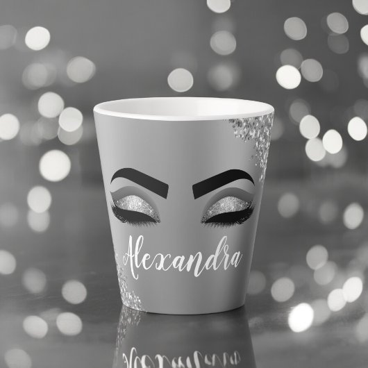Silver Glitter Sparkle Eyelashes Monogram Milchtasse