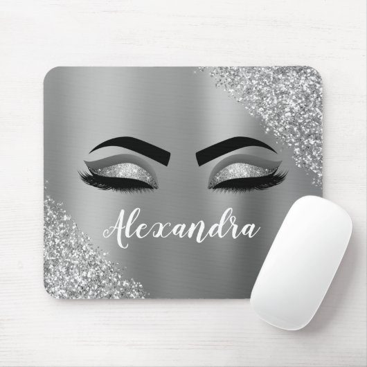 Silver Glitter Sparkle Eyelashes Monogram Mousepad (Mit Mouse)