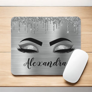 Silver Glitter Sparkle Eyelashes Monogram Mousepad