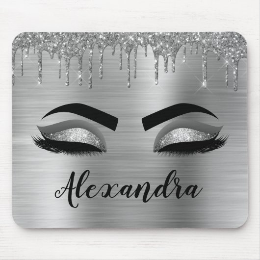 Silver Glitter Sparkle Eyelashes Monogram Mousepad (Vorne)