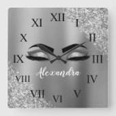 Silver Glitter Sparkle Eyelashes Monogram Name Quadratische Wanduhr (Vorderseite)