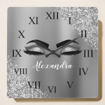 Silver Glitter Sparkle Eyelashes Monogram Name Quadratische Wanduhr<br><div class="desc">Silver Faux Foil Metallic Sparkle Glitter Brushed Metal Monogram Name and Initial Eyelashes (Lashes),  Eyelash Extensions and Eyes cute wall clock. The design makes the perfect sweet 16 birthday,  wedding,  bridal shower,  anniversary,  baby shower or bachelorette party gift for someone looking for a trendy cool style.</div>