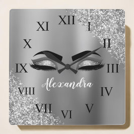 Silver Glitter Sparkle Eyelashes Monogram Name Quadratische Wanduhr