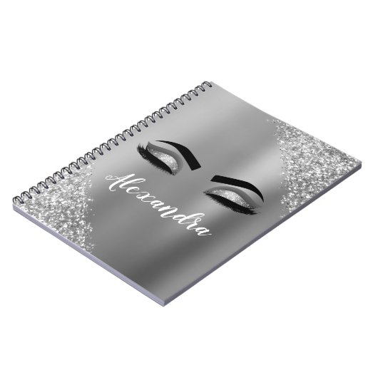 Silver Glitter Sparkle Eyelashes Monogram Notizblock (Linke Seite)
