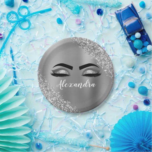 Silver Glitter Sparkle Eyelashes Monogram Pappteller (Party)