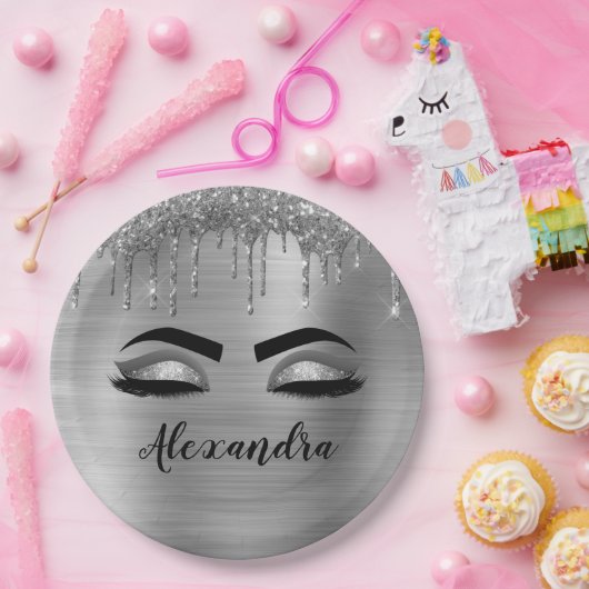 Silver Glitter Sparkle Eyelashes Monogram Pappteller (Party)