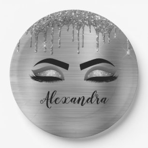 Silver Glitter Sparkle Eyelashes Monogram Pappteller