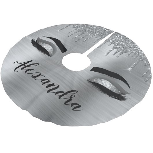 Silver Glitter Sparkle Eyelashes Monogram Polyester Weihnachtsbaumdecke (Schrägansicht)