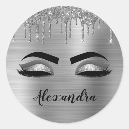 Silver Glitter Sparkle Eyelashes Monogram Runder Aufkleber (Vorderseite)