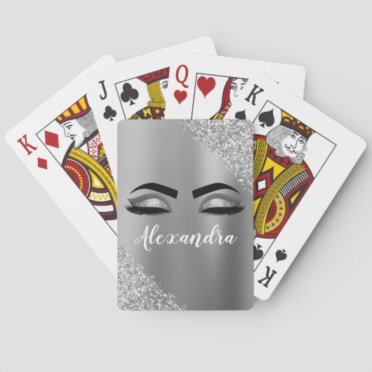 Silver Glitter Sparkle Eyelashes Monogram Spielkarten (Rückseite)