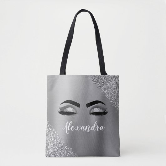 Silver Glitter Sparkle Eyelashes Monogram Tasche (Vorderseite)