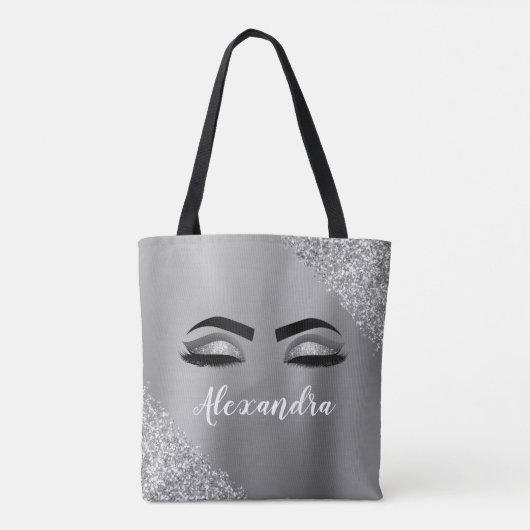 Silver Glitter Sparkle Eyelashes Monogram Tasche (Rückseite)