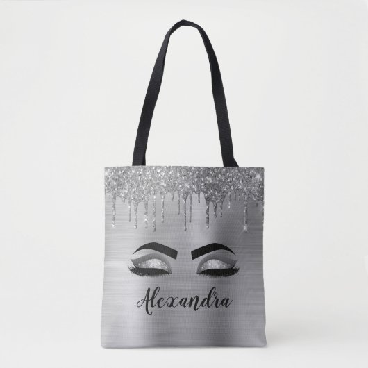 Silver Glitter Sparkle Eyelashes Monogram Tasche (Vorderseite)