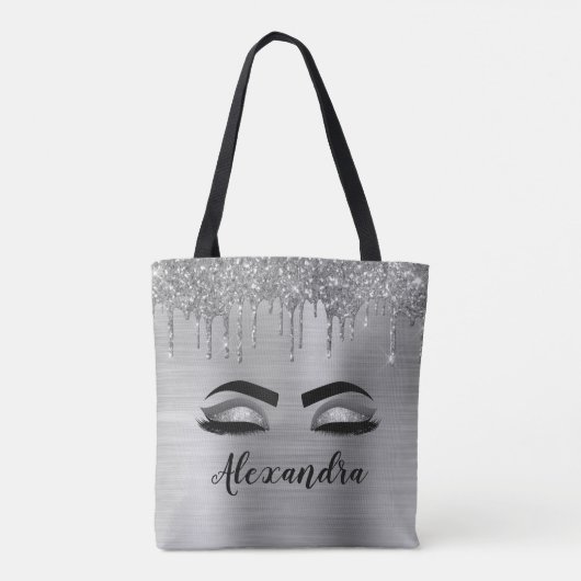 Silver Glitter Sparkle Eyelashes Monogram Tasche (Rückseite)