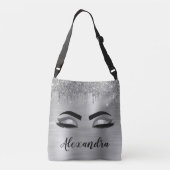Silver Glitter Sparkle Eyelashes Monogram Tragetaschen Mit Langen Trägern (Rückseite)