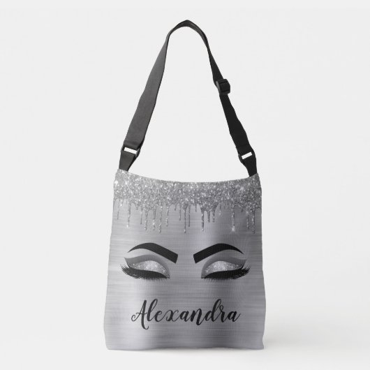 Silver Glitter Sparkle Eyelashes Monogram Tragetaschen Mit Langen Trägern (Vorderseite)