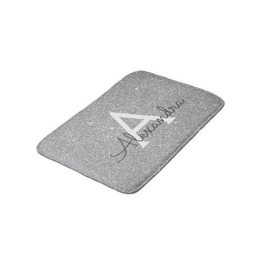 Silver Glitter Sparkle Monogram Bath Mat Badematte (Schrägansicht)