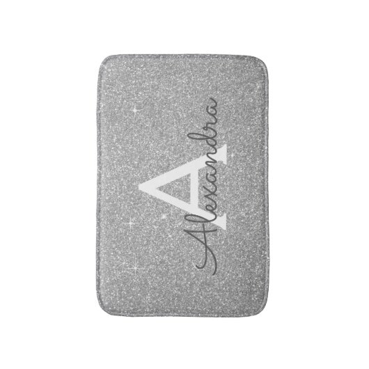 Silver Glitter Sparkle Monogram Bath Mat Badematte (Vorderseite Vertikal)