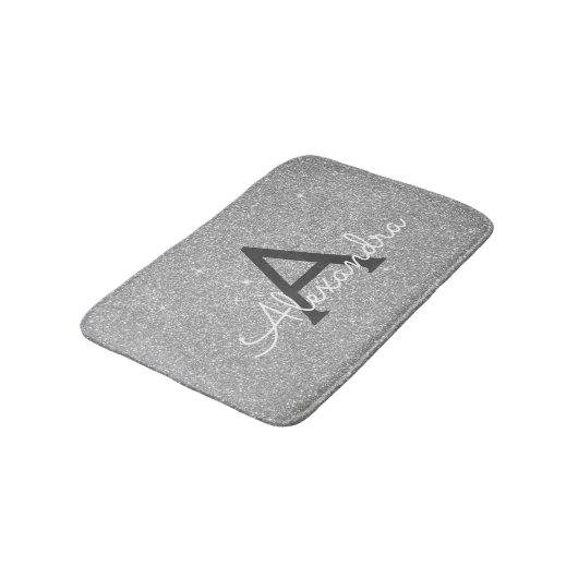 Silver Glitter Sparkle Monogram Bath Mat Badematte (Schrägansicht)