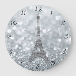 Silver Glitter Sparkle Paris Eiffel Tower Glam Große Wanduhr