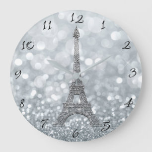 Silver Glitter Sparkle Paris Eiffel Tower Glam Große Wanduhr