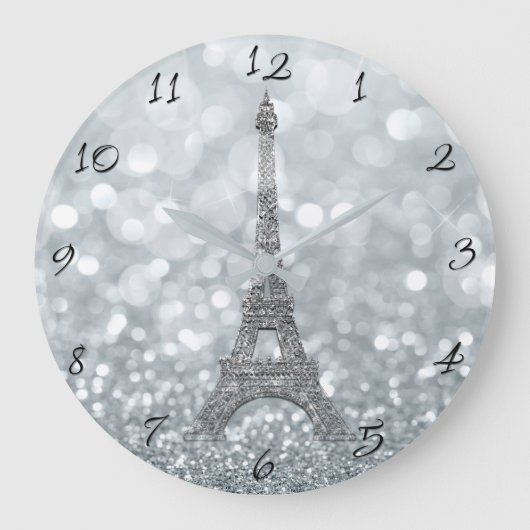Silver Glitter Sparkle Paris Eiffel Tower Glam Große Wanduhr (Vorderseite)