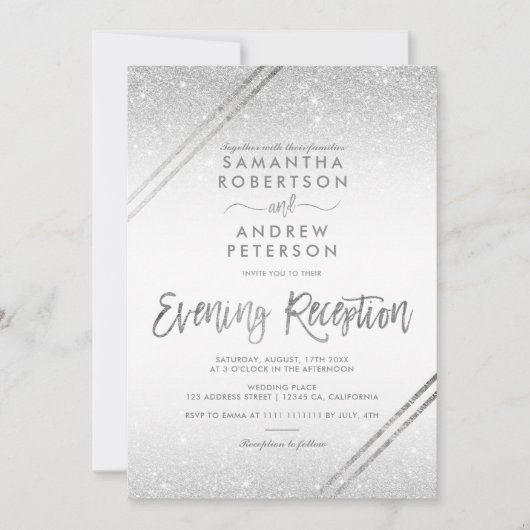 Silver glitter stripes elegant script wedding einladung (Vorderseite)