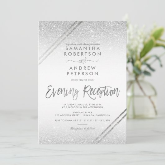 Silver glitter stripes elegant script wedding einladung (Stehend Vorderseite)