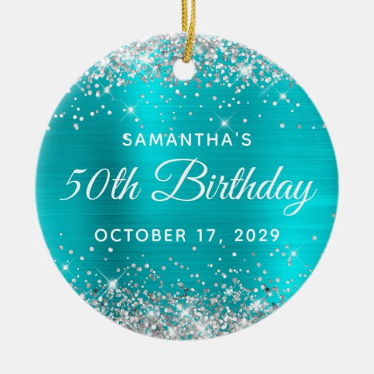 Silver Glitter Turquoise Foil 50th Birthday Keramik Ornament (Vorne)