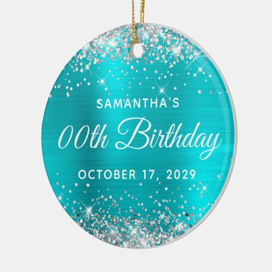 Silver Glitter Turquoise Foil Any Year Birthday Keramik Ornament (Links)