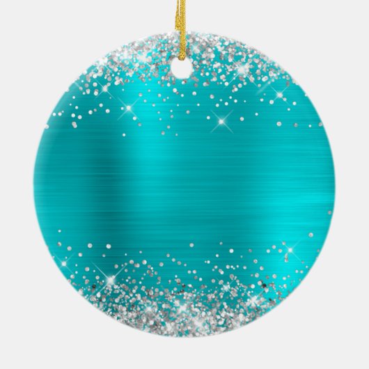 Silver Glitter Turquoise Foil Any Year Birthday Keramik Ornament (Hinten)