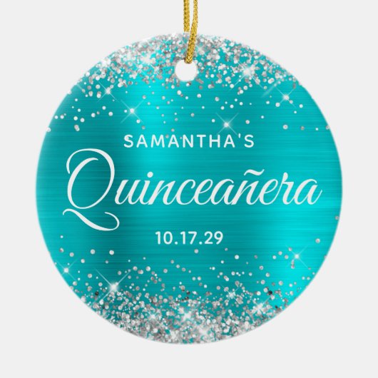 Silver Glitter Turquoise Foil Quinceañera Keramik Ornament (Vorne)