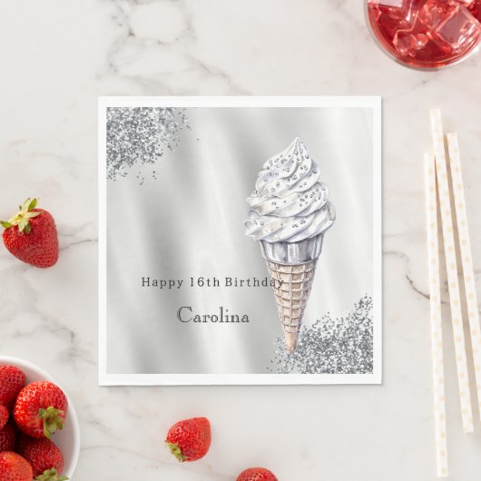 Silver Glitter Vanilla Ice Cream Cone Birthday Serviette (Beispiel)