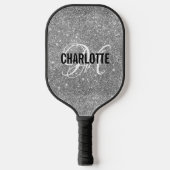 Silver glitter white script monogram name pickleball schläger (Vorderseite)