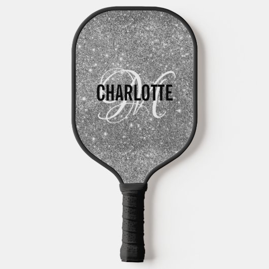 Silver glitter white script monogram name pickleball schläger (Rückseite)