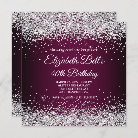 Silver Glitter Wine Dark Ombre 40th Birthday Einladung (Vorne/Hinten)