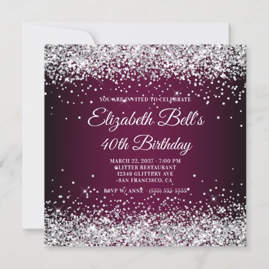Silver Glitter Wine Dark Ombre 40th Birthday Einladung (Vorderseite)